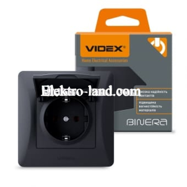 Розетка одинарная с заземлением и крышкой черный графит Videx Binera 